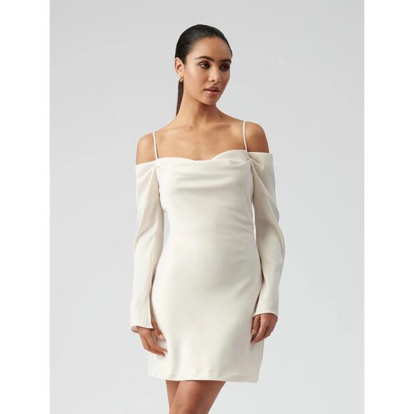EVER NEW Evangelina Draped Whited Satin Cold Shoulder Dress US 4 NWT - Picture 1 of 16